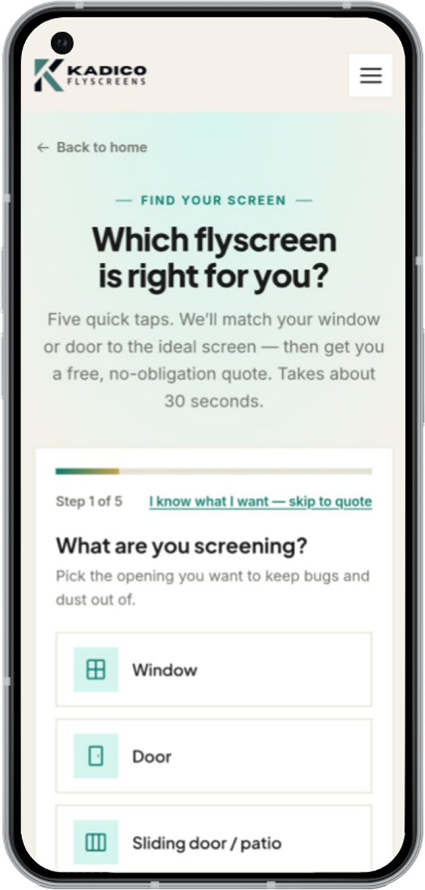 Kadico Find Your Screen, the guided selector on a phone